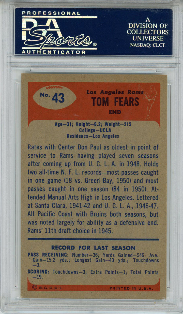 Tom Fears Autographed/Signed 1955 Bowman #43 Trading Card PSA Slab 43714