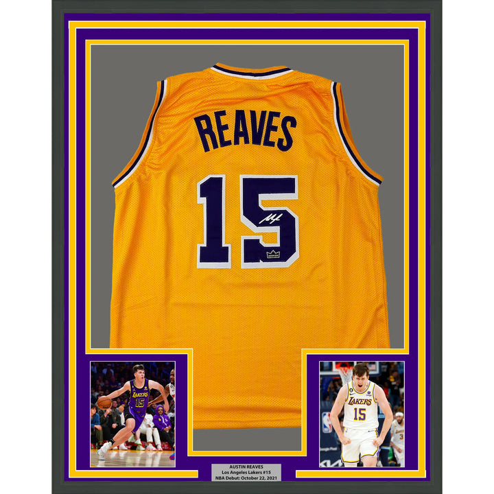 Framed Facsimile Autographed Austin Reaves 33x42 LA Yellow Reprint Laser Jersey