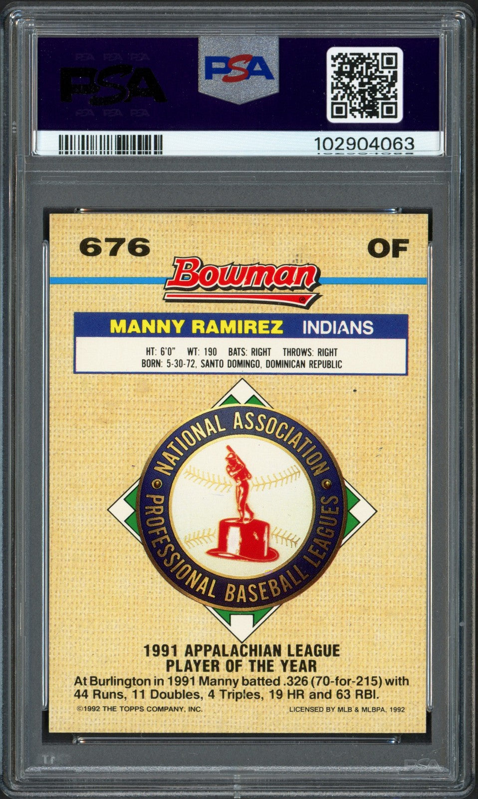 Manny Ramirez Auto 1992 Bowman Foil RC 676 Cleveland Indians PSA 8 Sig 10 DNA