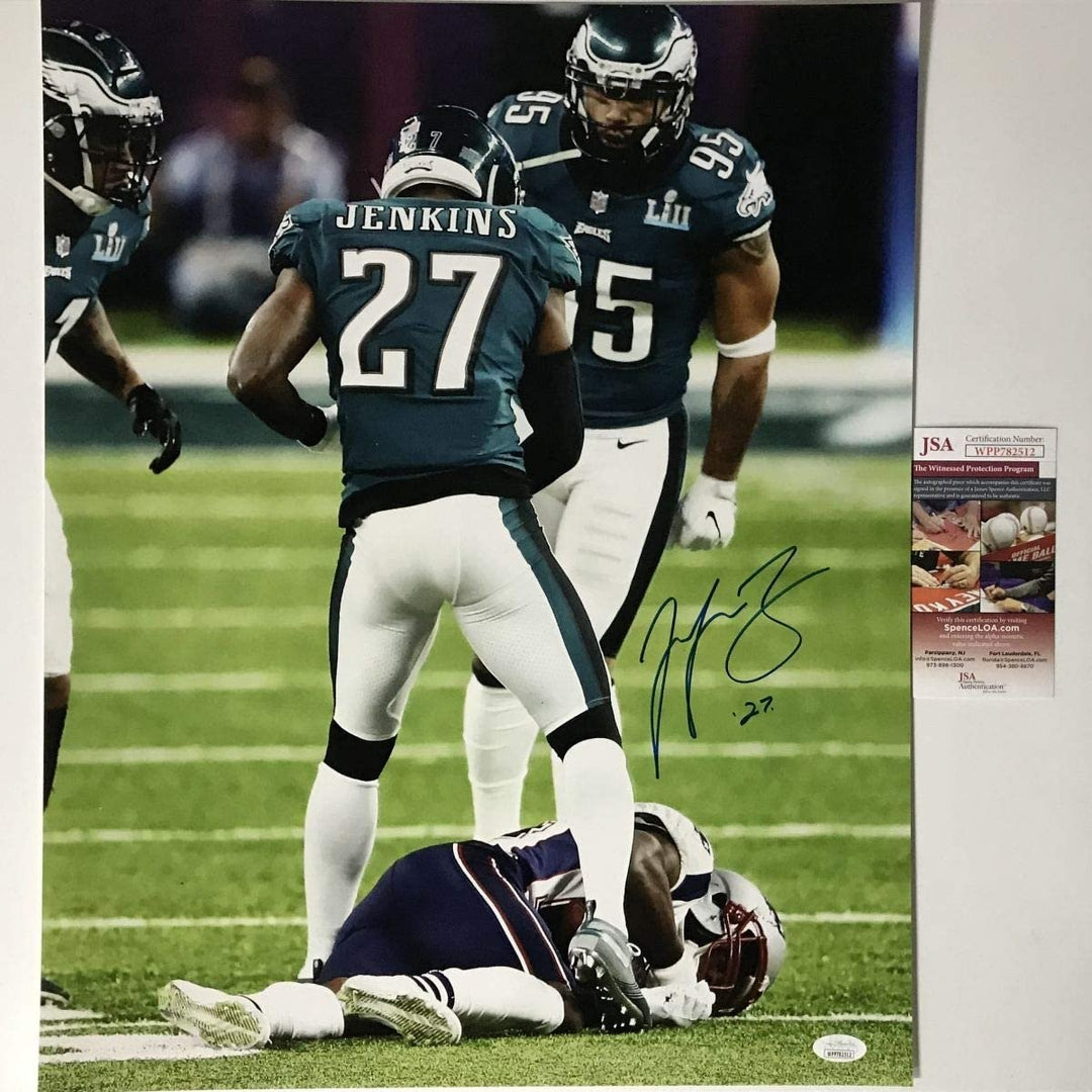 Autographed/Signed Malcolm Jenkins Eagles SB LII Hit 16x20 Photo JSA COA #1