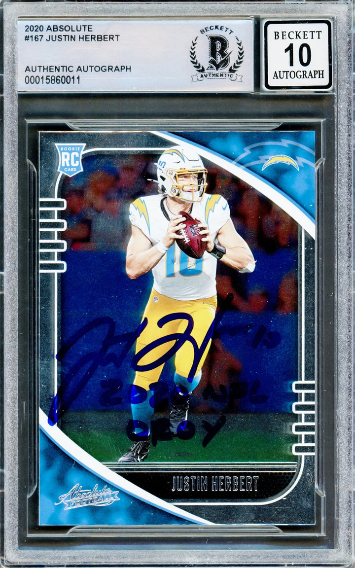 Justin Herbert Signed 2020 Panini Absolute RC #167 Chargers Auto 10 Beckett