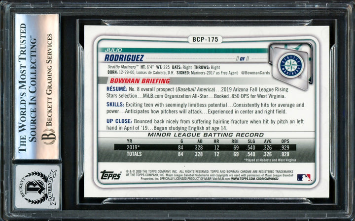 Julio Rodriguez 2020 Bowman Chrome Prospects Signed Trading Card Beckett BAS