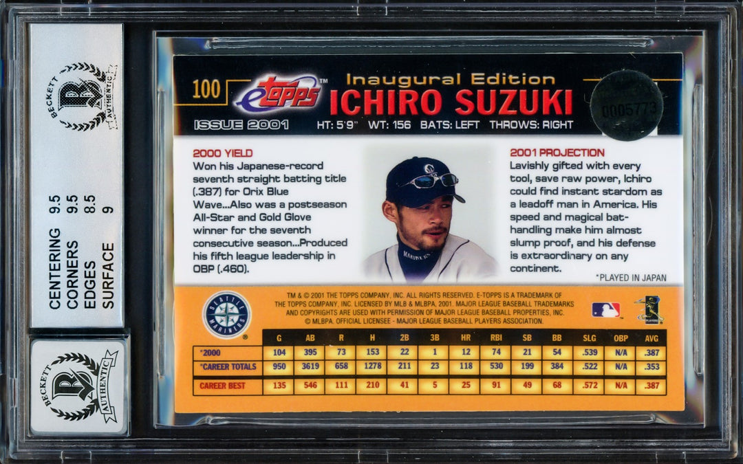 Ichiro Suzuki Signed 2001 eTopps RC 100 Mariners BGS 9 Auto GM 10 Beckett