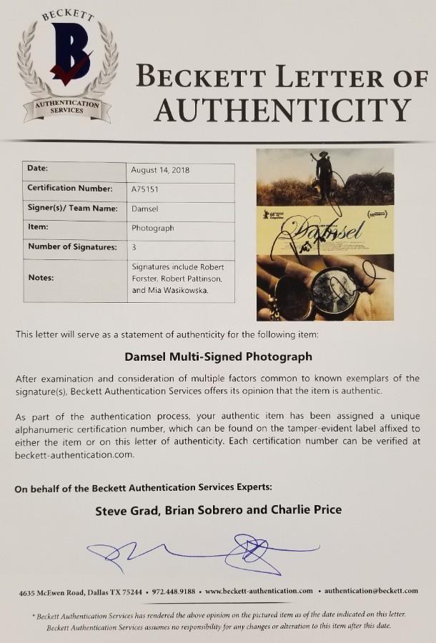 DAMSEL Cast (3) Signed 8x10 Photo Forster Pattinson + 1 more (A) Beckett BAS COA