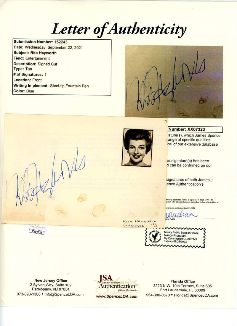 Rita Hayworth JSA Coa Signed 3x5 Index Card Cut Autograph