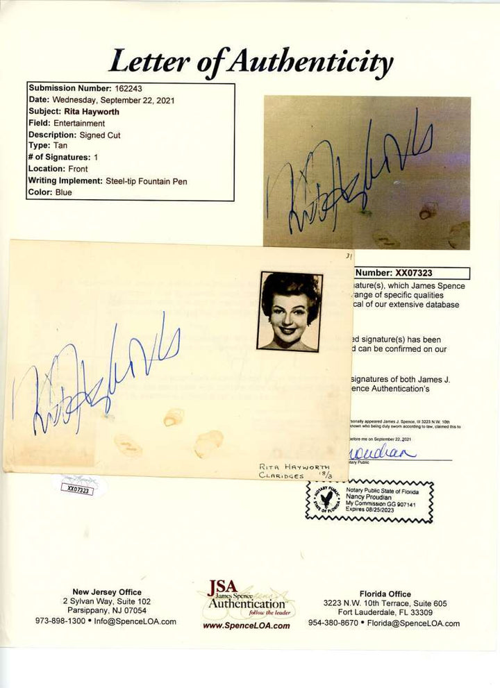 Rita Hayworth JSA Coa Signed 3x5 Index Card Cut Autograph