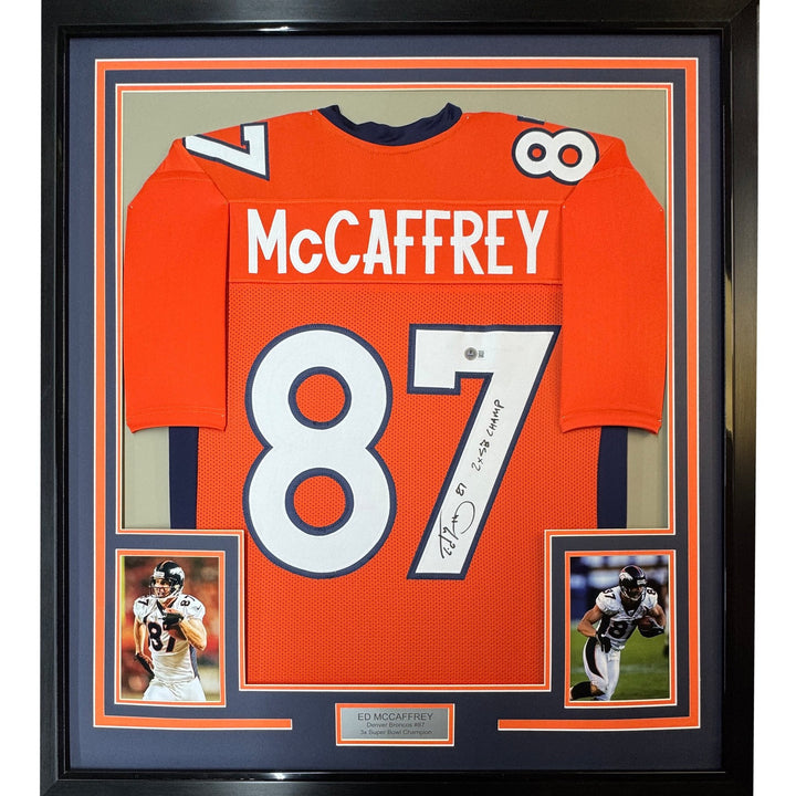 Framed Autographed/Signed Ed McCaffrey 35x39 2x SB Champs Orange Jersey COA