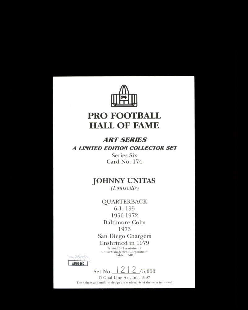 Johnny Unitas JSA Coa Signed HOF Goal Line Art Card GLAC Autograph
