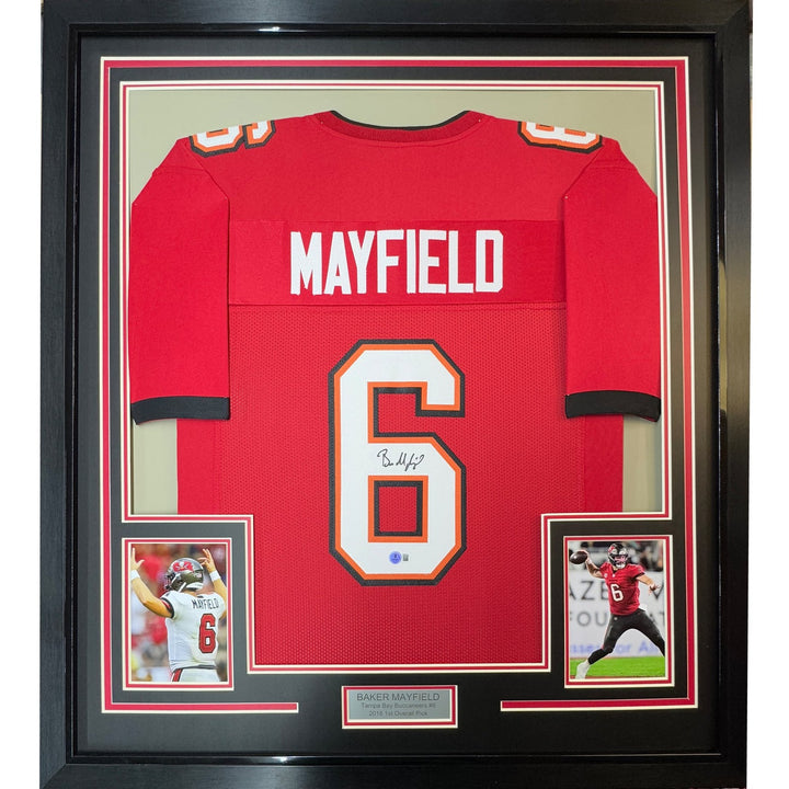 Framed Autographed/Signed Baker Mayfield 35x39 Tampa Red Jersey BAS COA