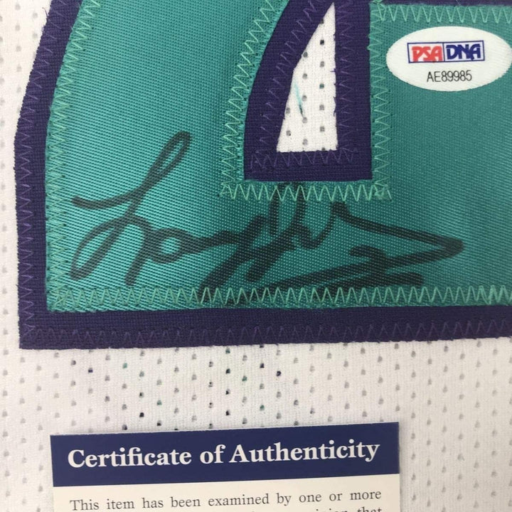 FRAMED Signed LARRY JOHNSON 35x39 Charlotte White Jersey PSA COA