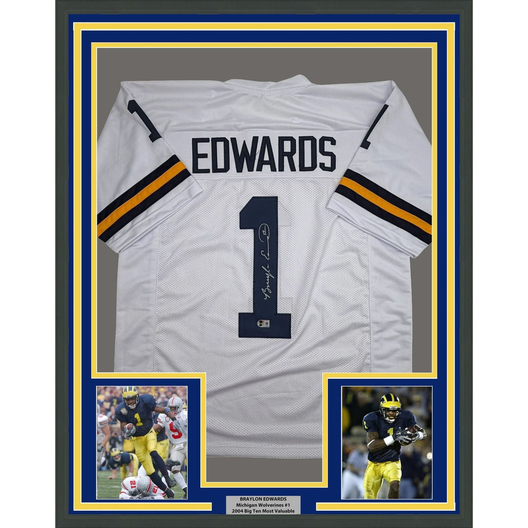 Framed Autographed/Signed Braylon Edwards 35x39 Michigan Jersey BAS COA