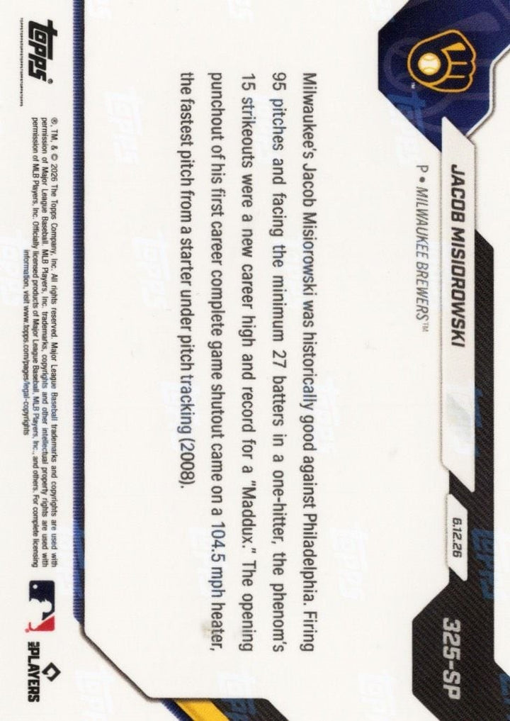 2026 Topps Now Jacob Misiorowski #325SP Rookie Baseball Card