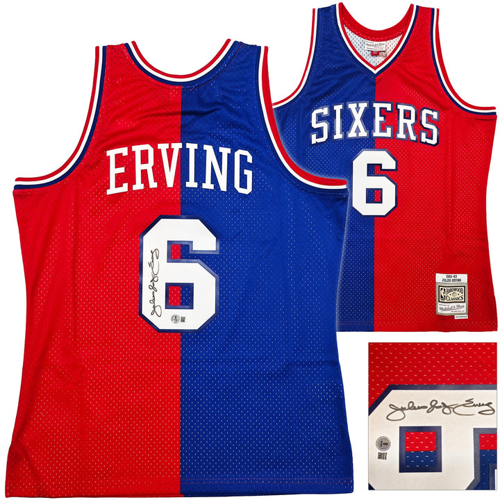 76ers Julius Dr J Erving Auto Red Blue Mitchell Ness 82-83 Swingman Jersey L BAS