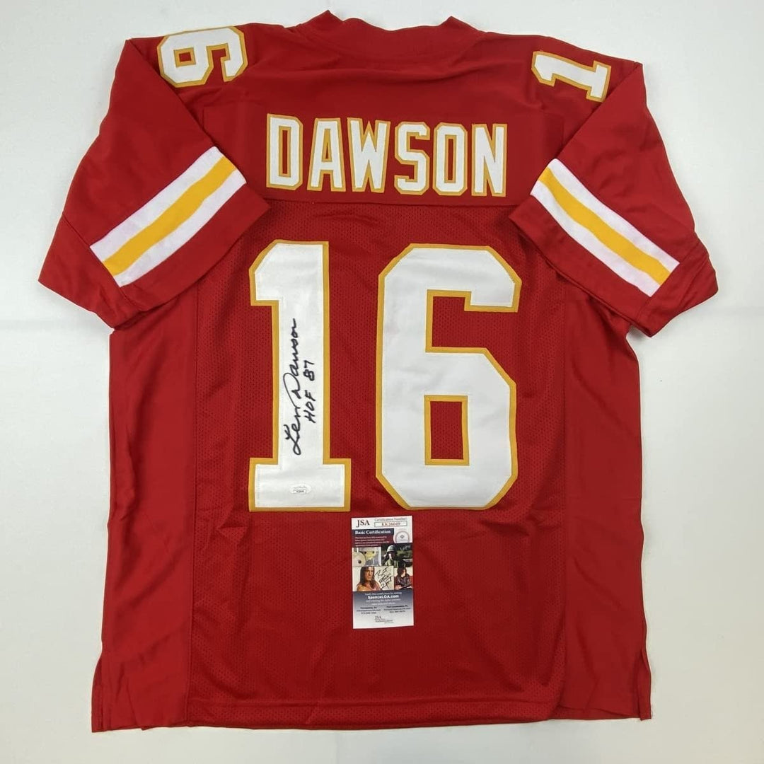 Autographed/Signed Len Dawson HOF 87 Kansas City Red Jersey JSA COA