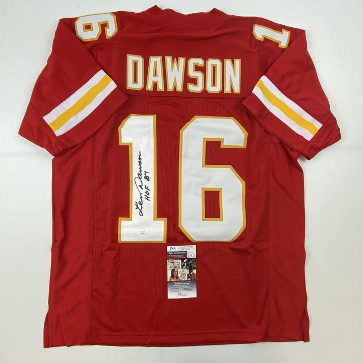 Autographed/Signed Len Dawson HOF 87 Kansas City Red Jersey JSA COA