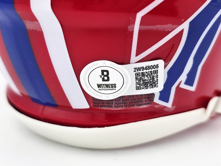 Jim Kelly Auto Signed Bills 1987-01 Throwback Red Speed Mini Helmet Beckett Wit