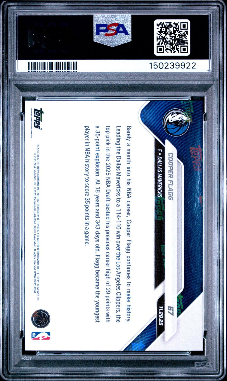 Graded 2025 Topps Now Cooper Flagg #67 Rookie RC Basketball Card PSA 10 Gem Mint