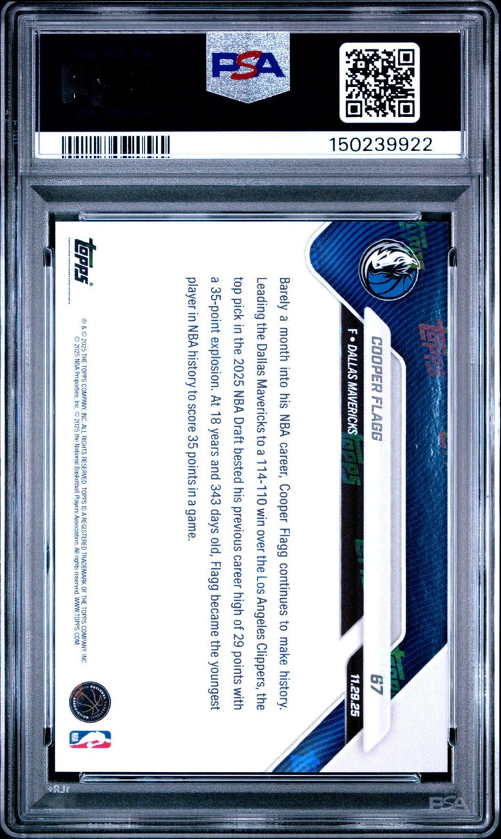 Graded 2025 Topps Now Cooper Flagg #67 Rookie RC Basketball Card PSA 10 Gem Mint