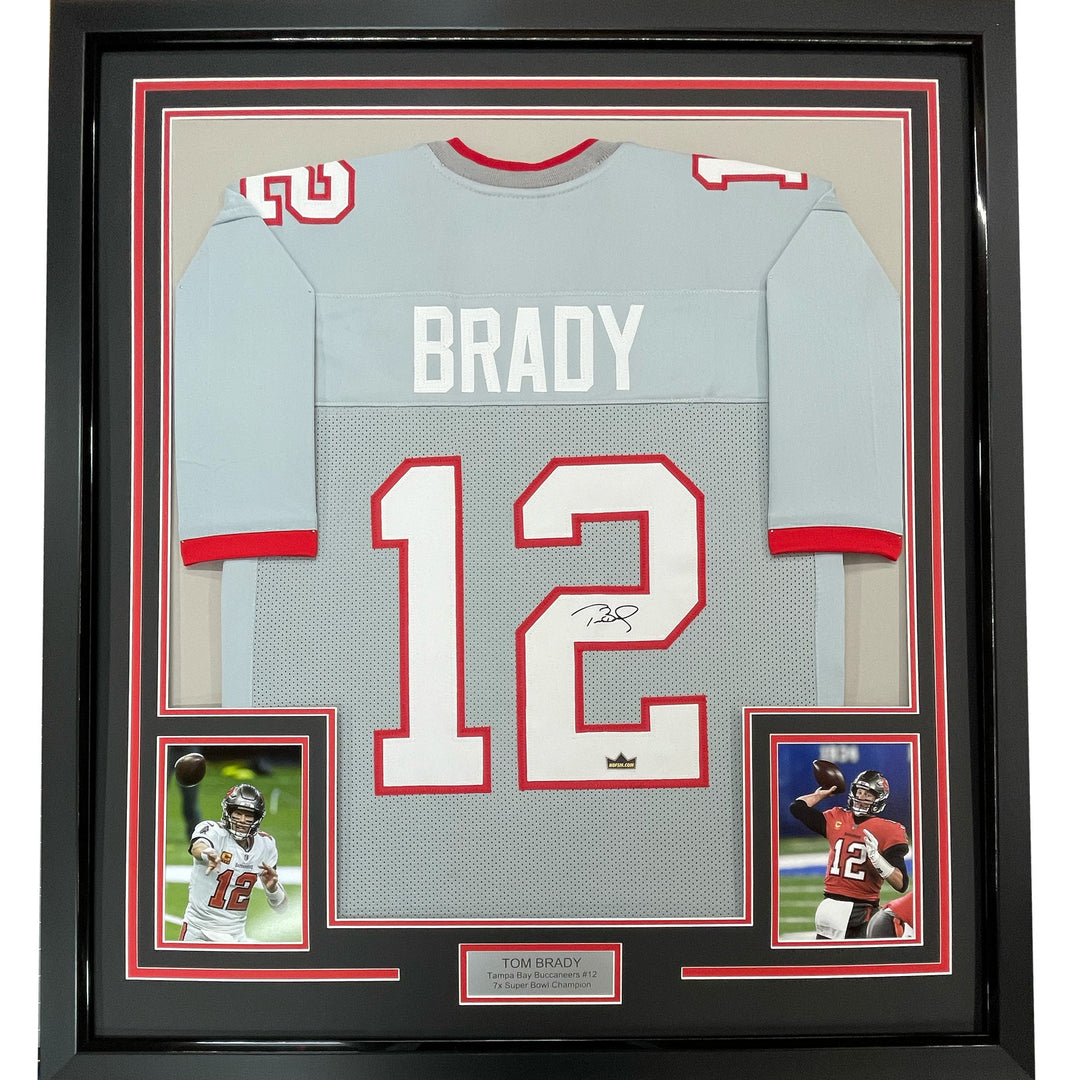 Framed Facsimile Autographed Tom Brady 33x42 Tampa Bay Grey Reprint Auto Jersey