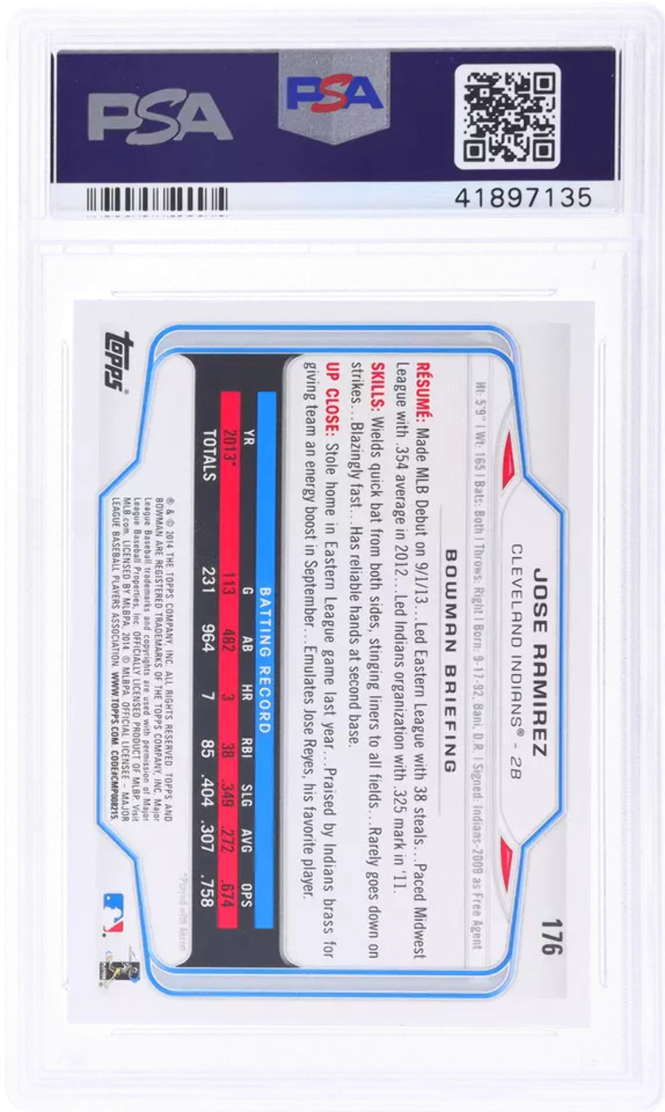 Graded 2014 Topps Bowman Jose Ramirez #176 Rookie RC Baseball Card PSA 10 Gem