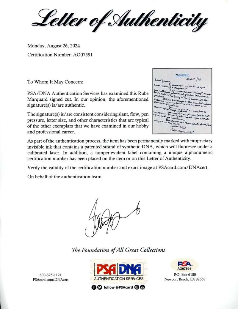 Rube Marquard PSA DNA Loa Signed 1967 Personal Letter Autograph