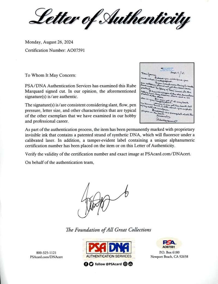 Rube Marquard PSA DNA Loa Signed 1967 Personal Letter Autograph
