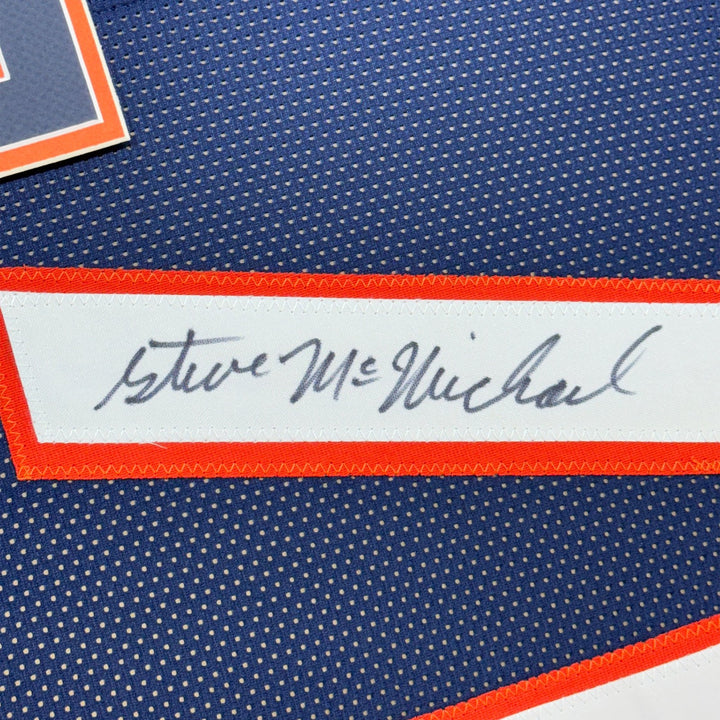 Framed Autographed/Signed Steve McMichael 35x39 Chicago Blue Jersey JSA COA