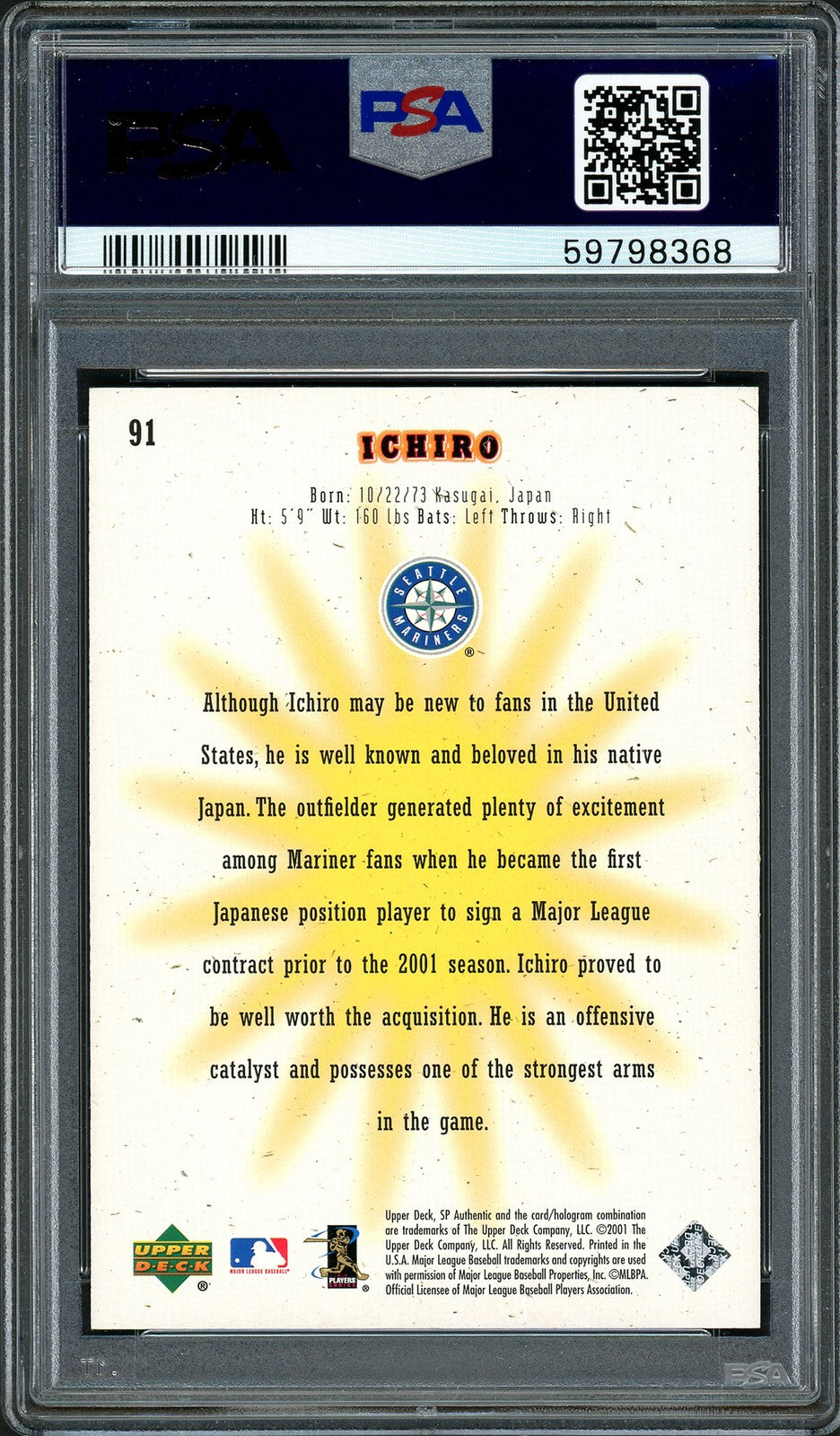 Ichiro Suzuki Auto 2001 SP Authentic RC 91 PSA 8 Sig 10 01 ROY/MVP #31/1250 DNA