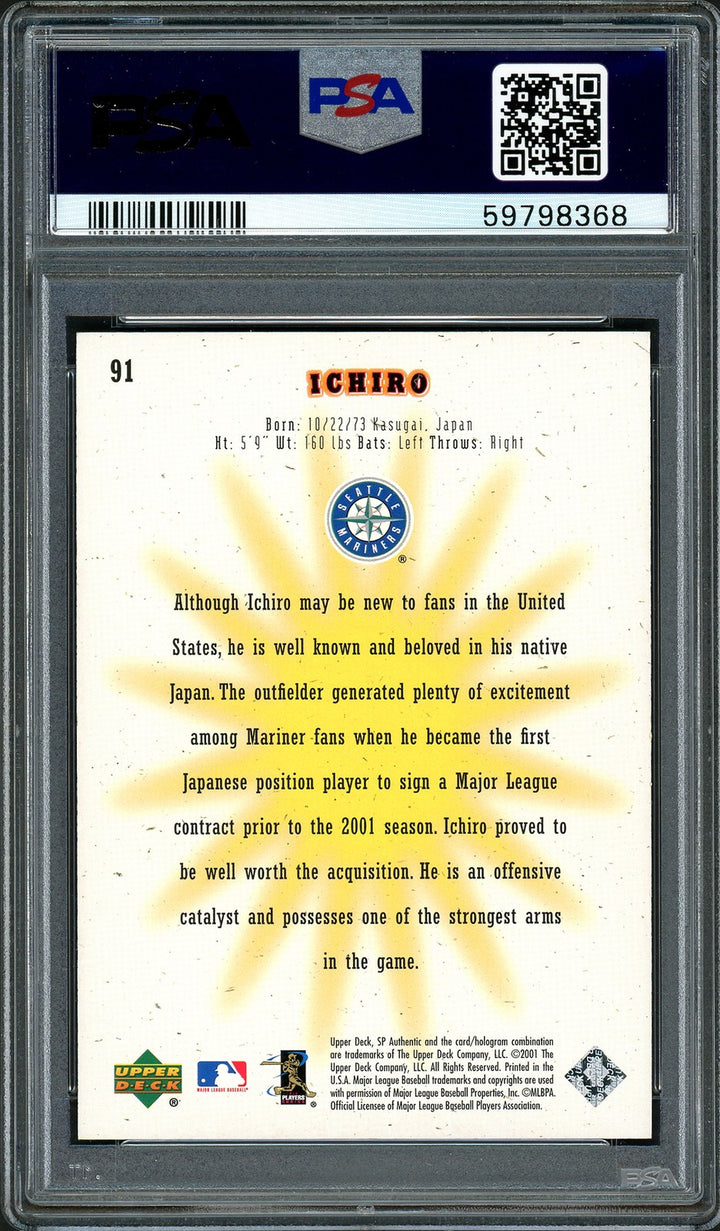 Ichiro Suzuki Auto 2001 SP Authentic RC 91 PSA 8 Sig 10 01 ROY/MVP #31/1250 DNA