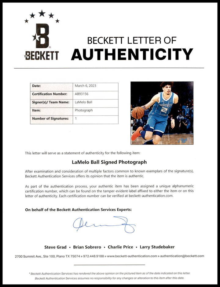 LaMelo Ball Autographed Signed 16x20 Photo Charlotte Hornets Beckett BAS