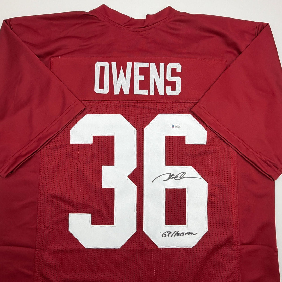 Autographed/Signed Steve Owens 69 Heisman Oklahoma Maroon Jersey Beckett BAS COA