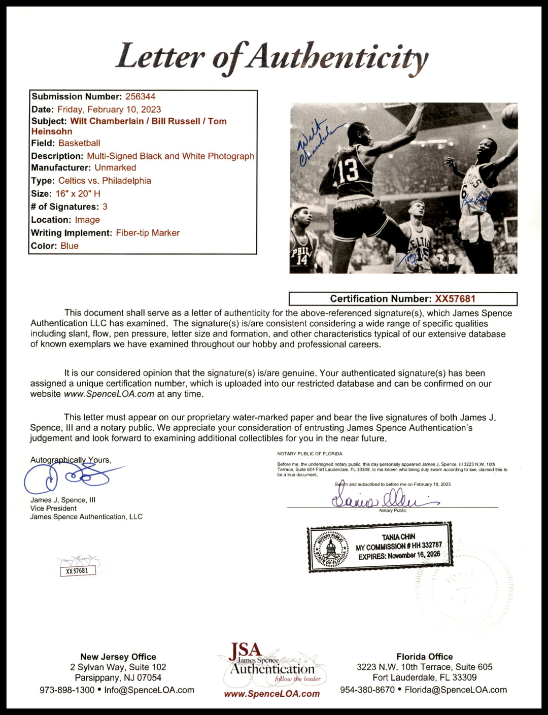 Wilt Chamberlain, Russell & Heinsohn Autographed Framed 16x20 Photo JSA XX57681