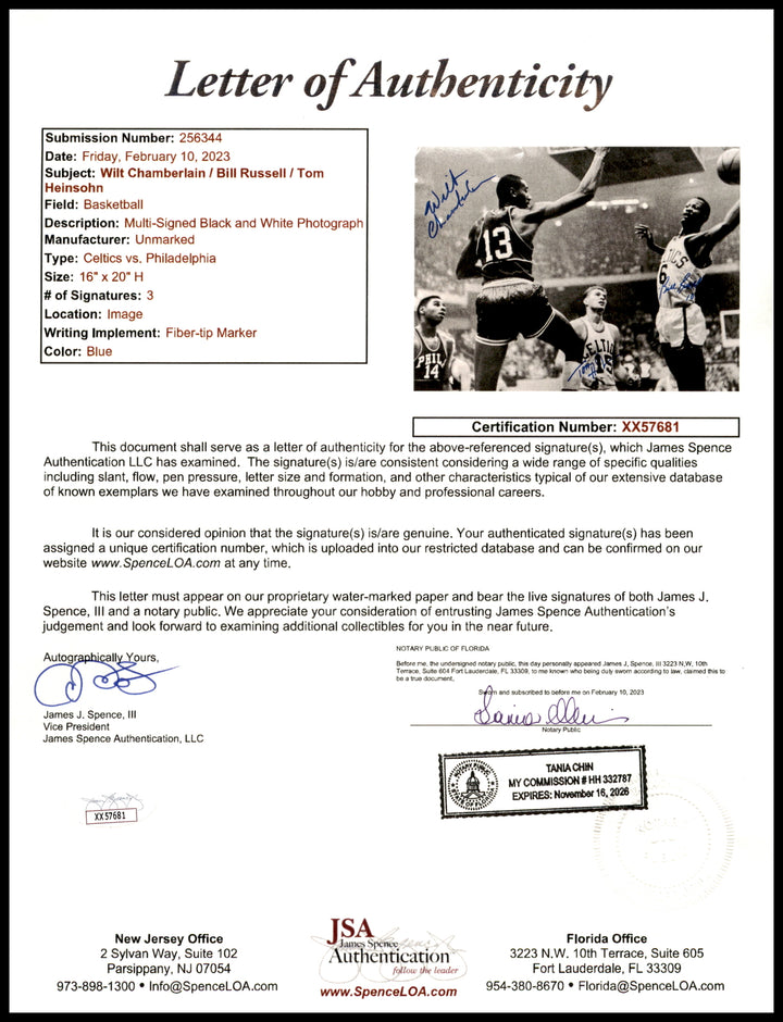 Wilt Chamberlain, Russell & Heinsohn Autographed Framed 16x20 Photo JSA XX57681