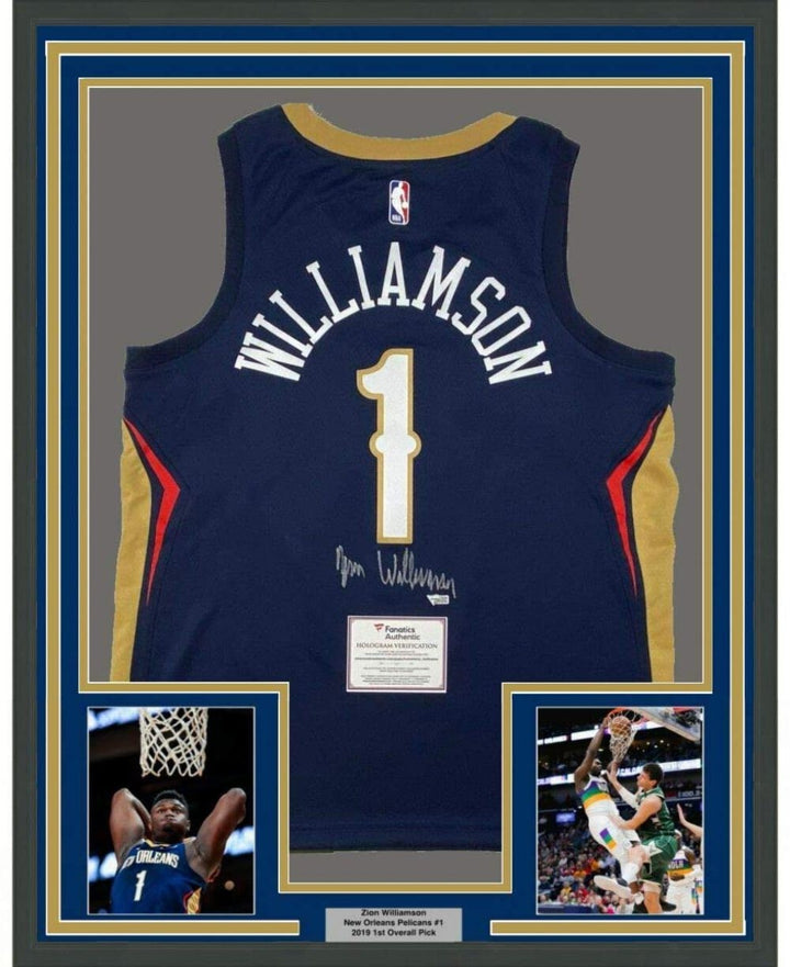 FRAMED Autographed/Signed ZION WILLIAMSON 33x42 Blue Nike Jersey Fanatics COA