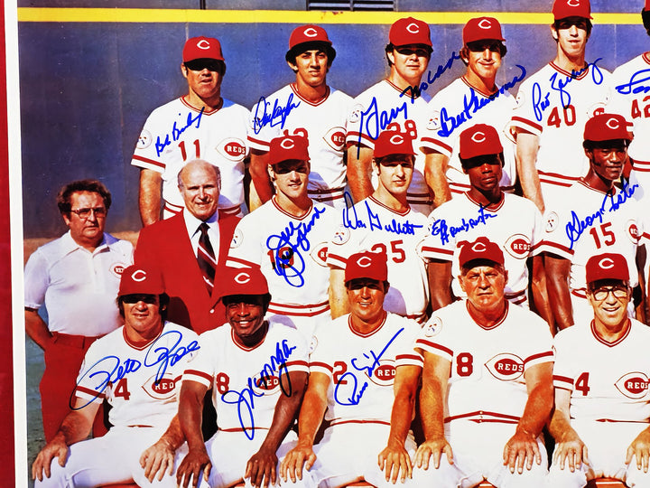 1976 Cincy Reds Big Red Machine Team Signed Framed 24x36 Poster With 27 Sigs BAS