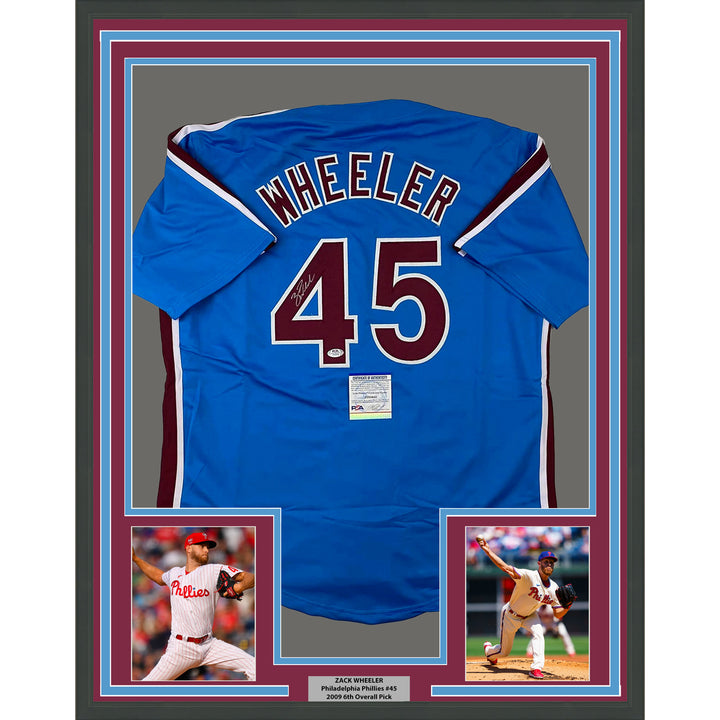 Framed Autographed/Signed Zack Wheeler 33x42 Blue Retro Jersey PSA/DNA COA