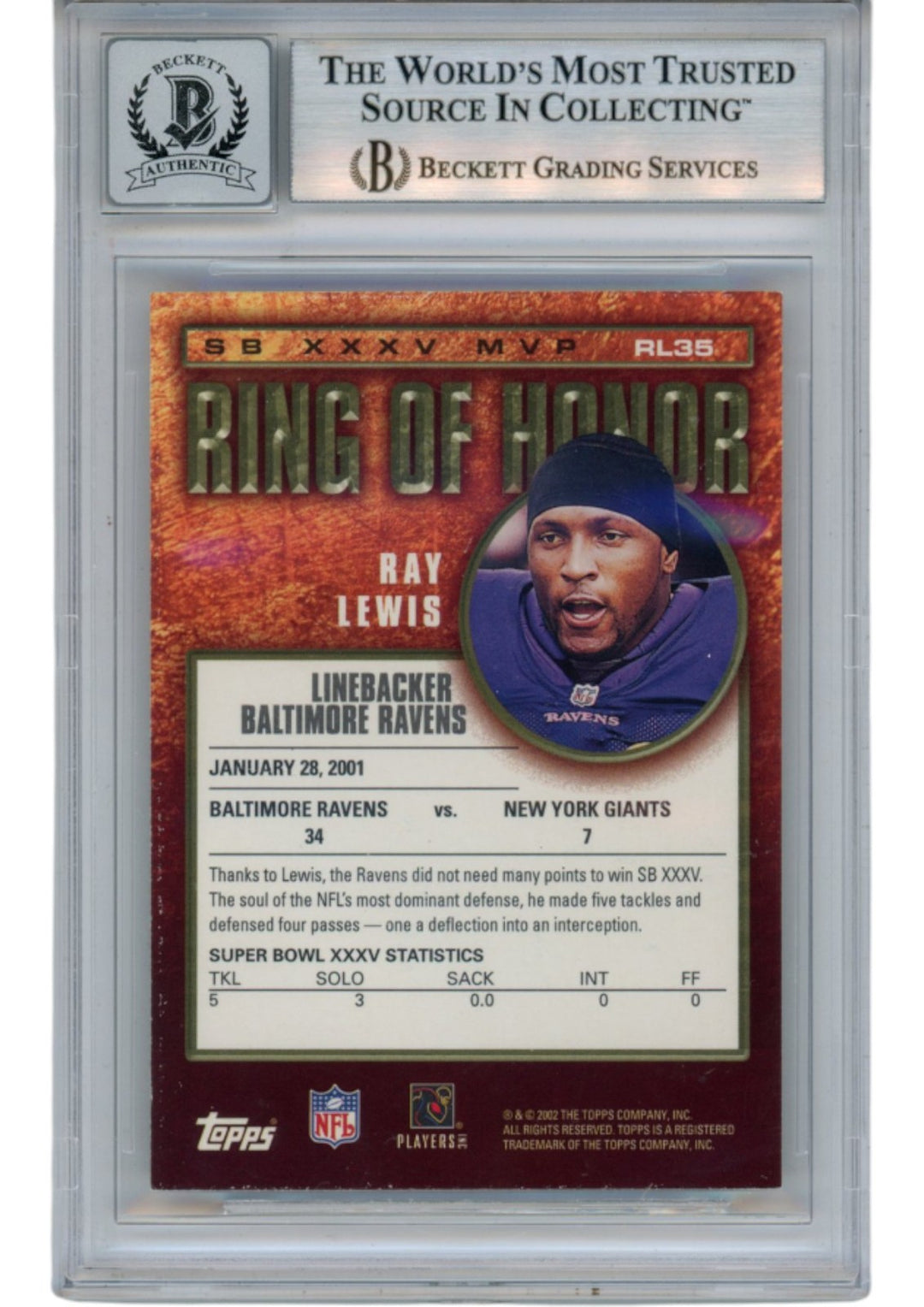 Ray Lewis Autographed 2002 Topps Chrome ROH #RL35 Trading Card Beckett 53012