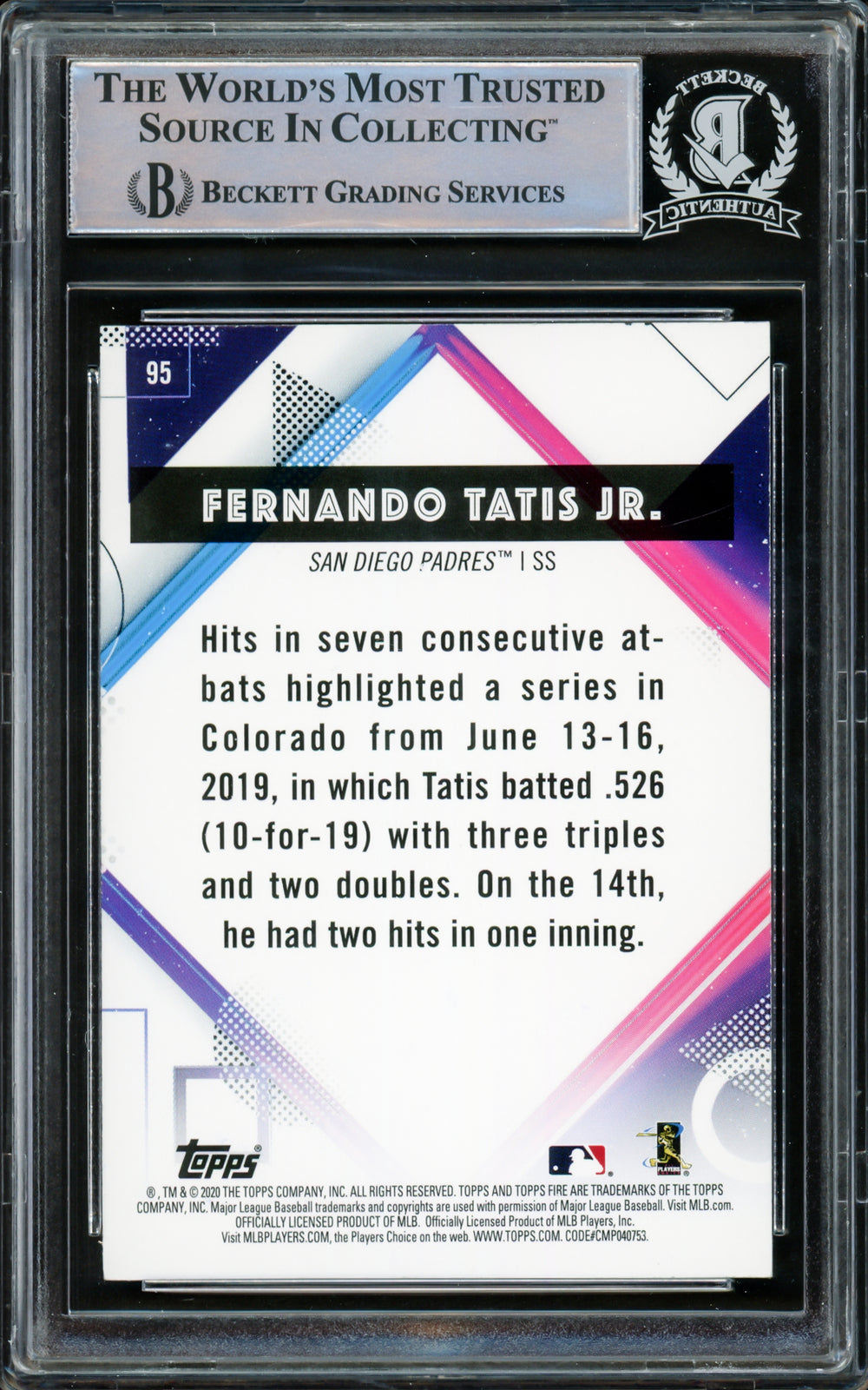 Fernando Tatis Jr. Autographed 2020 Topps Fire Card #95 Padres Beckett #15782130