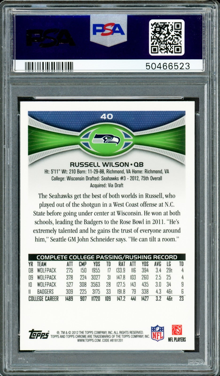 Russell Wilson Signed 2012 Topps Chrome RC 40A Seahawks PSA 9 Auto GM 10 PSA/DNA