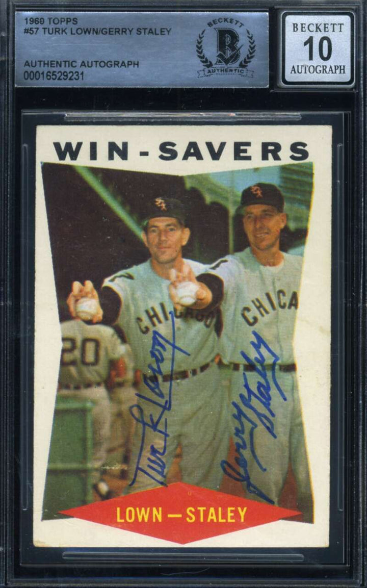 Turk Lown Gerry Staley Gem Mint 10 Beckett BAS Signed 1969 Topps Win Savers Auto