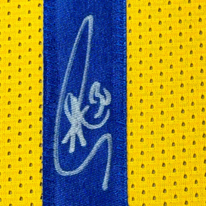 Framed Autographed/Signed Stephen Steph Curry 33x42 Yellow Jersey JSA COA