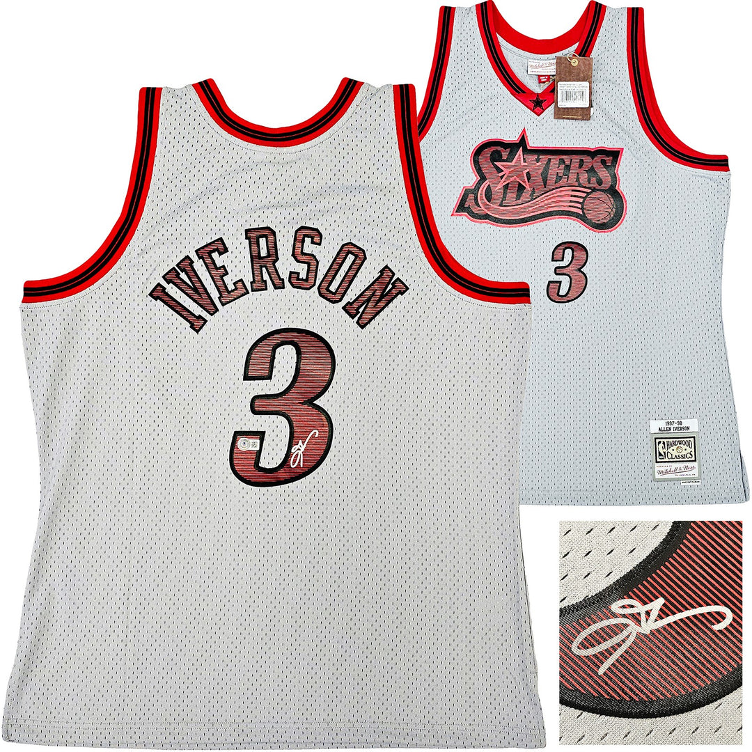 76ers Allen Iverson Auto Grey Auth Mitchell Ness 97 HWC Swingman Jersey XL BAS