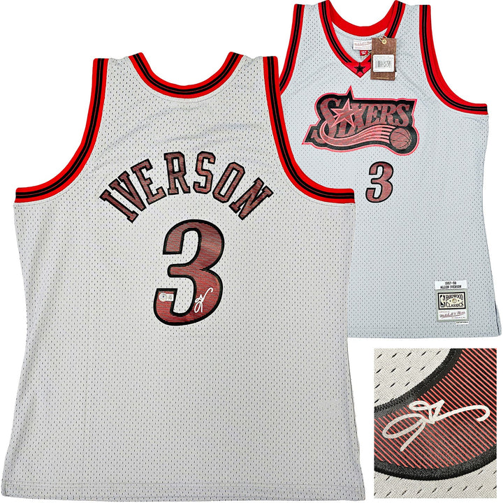 76ers Allen Iverson Auto Grey Auth Mitchell Ness 97 HWC Swingman Jersey XL BAS