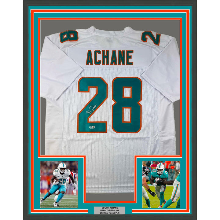 Framed Signed De'Von DeVon Achane 35x39 Miami White Jersey COA