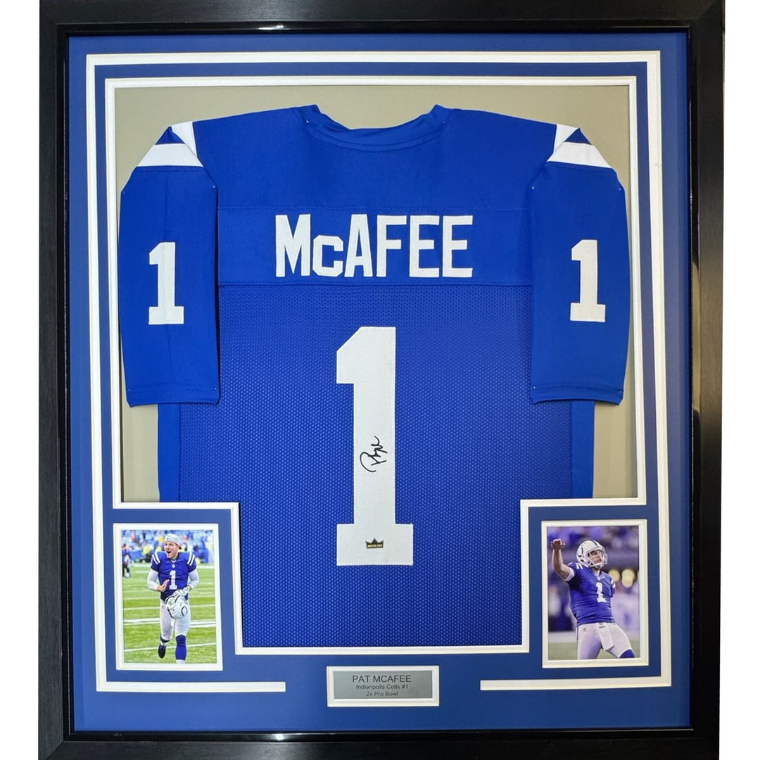 Framed Facsimile Autographed Pat McAfee 35x39 Indianapolis Blue Jersey