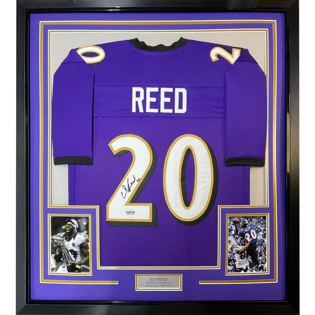 Framed Facsimile Autographed Ed Reed 33x42 Baltimore Purple Reprint Laser Jersey