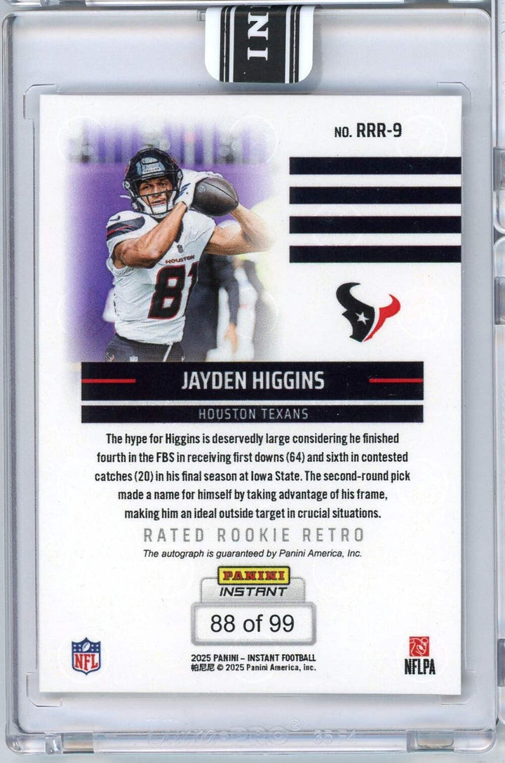 2025 Panini Instant NFL Jayden Higgins #9 Rated Retro Rookie Auto /99 RC Card
