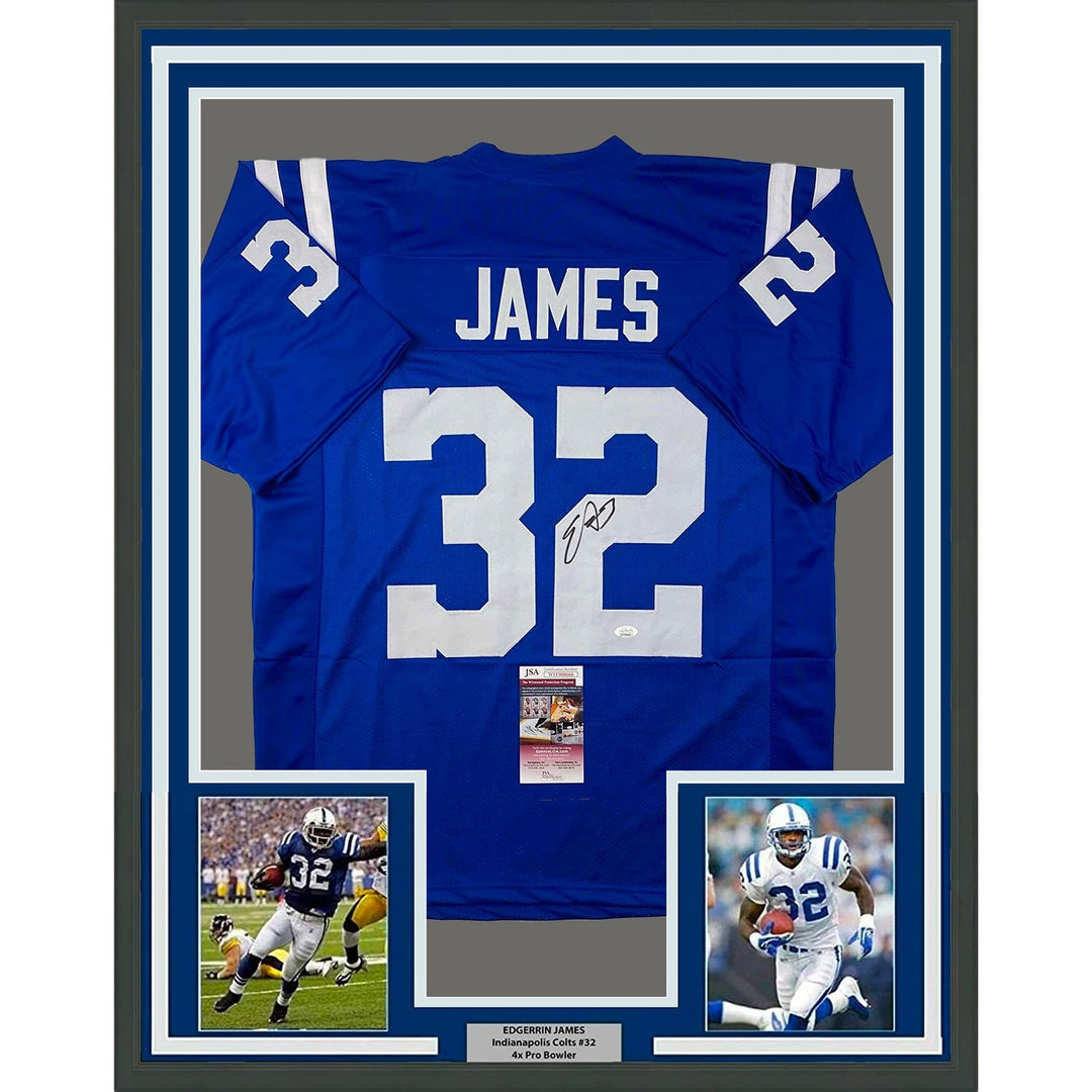 Framed Signed Edgerrin James 35x39 Indianapolis Blue Jersey JSA COA