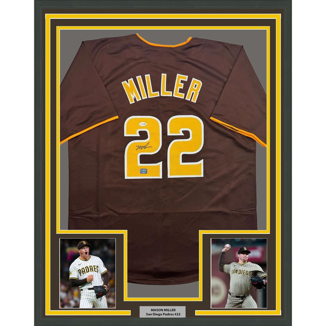 Framed Autographed/Signed Mason Miller 35x39 San Diego Brown Jersey JSA COA