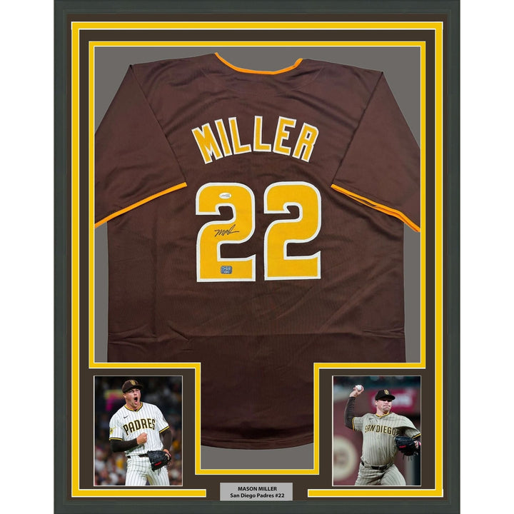 Framed Autographed/Signed Mason Miller 35x39 San Diego Brown Jersey JSA COA